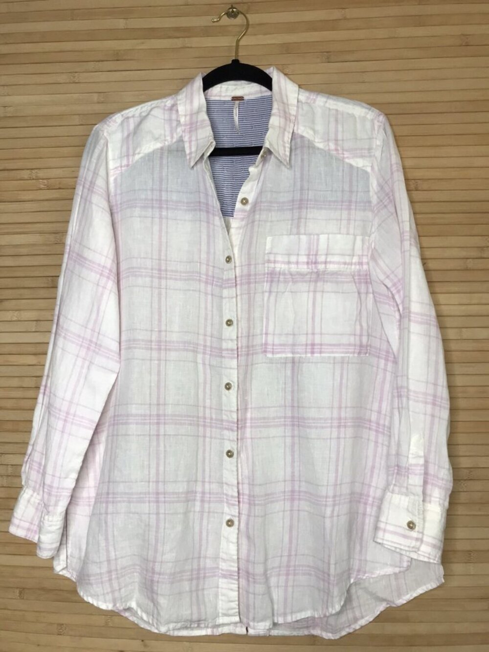 Free People Linen Plaid Button Down Blouse Small Pink White sz S - Picture 2 of 5